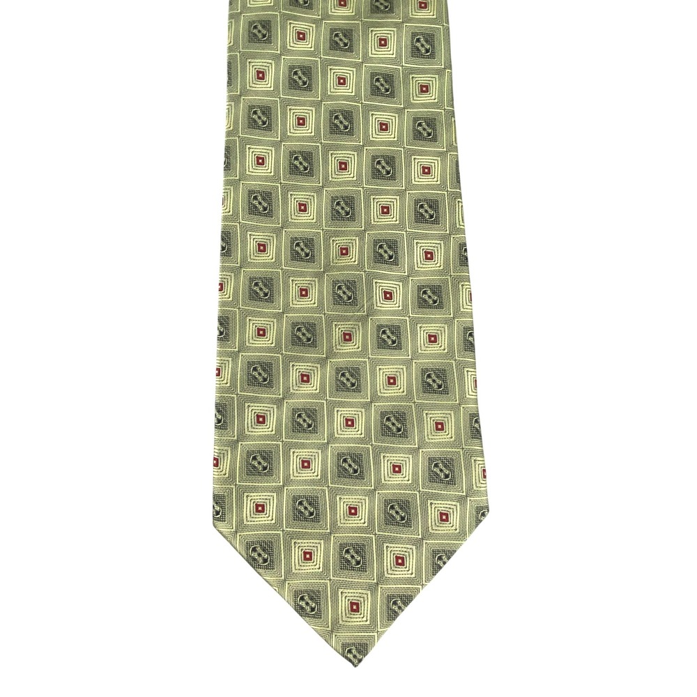 Ainujian Mens Silk Necktie Geometric Square Pattern Gold Green Red Blue 55X4